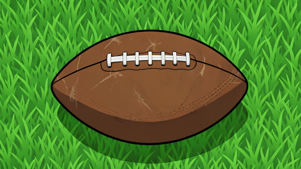 A worn leather football resting on green artificial turf