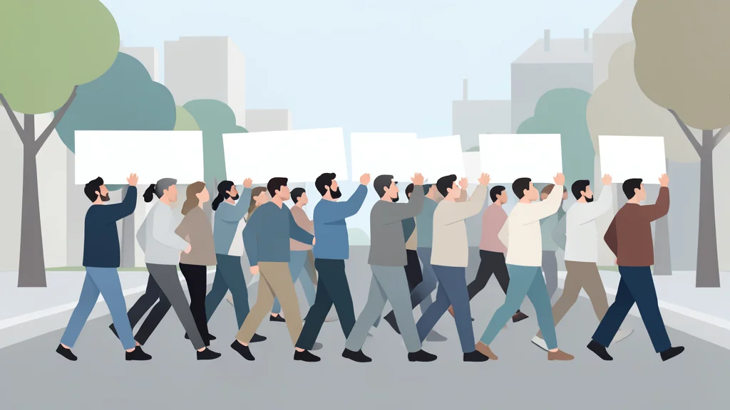 A flat-vector illustration of a large crowd of people walking together on a city street, holding blank white placards.