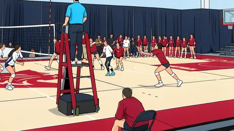 A white volleyball resting on a polished wooden gymnasium floor near a net post