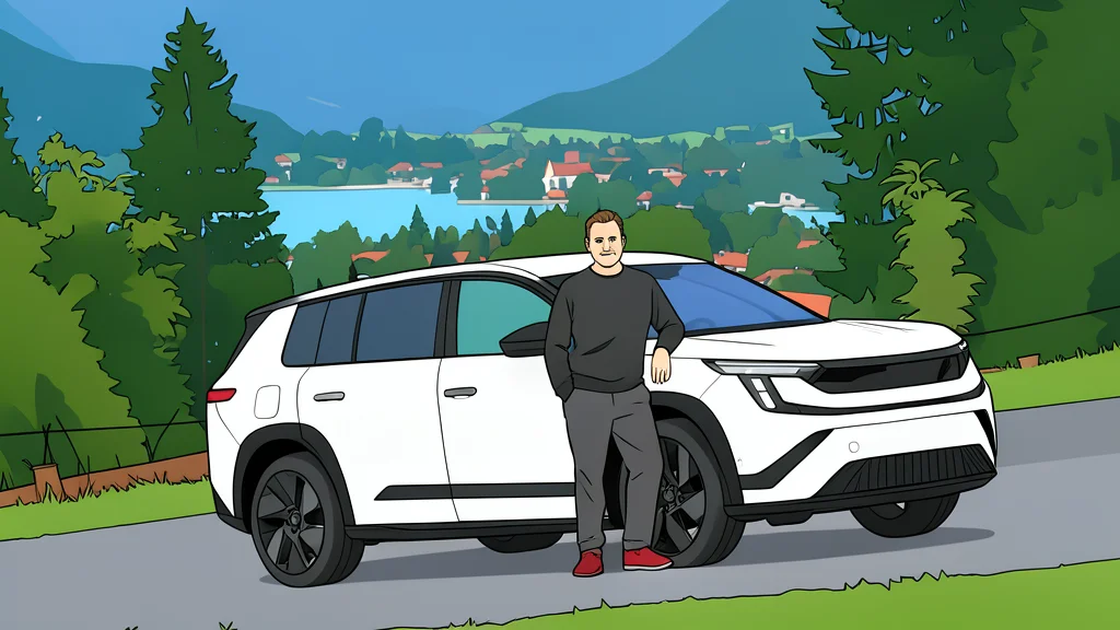 A flat vector illustration of a large, modern electric SUV parked on a quiet street with stylized trees in the background.
