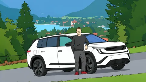 A flat vector illustration of a large, modern electric SUV parked on a quiet street with stylized trees in the background.