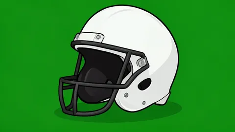 A green football field with white yard lines and a brown leather football resting on the grass
