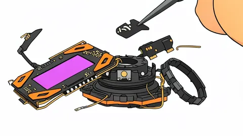 A disassembled smartphone lying on a workbench with its internal circuit boards, battery, and camera modules exposed