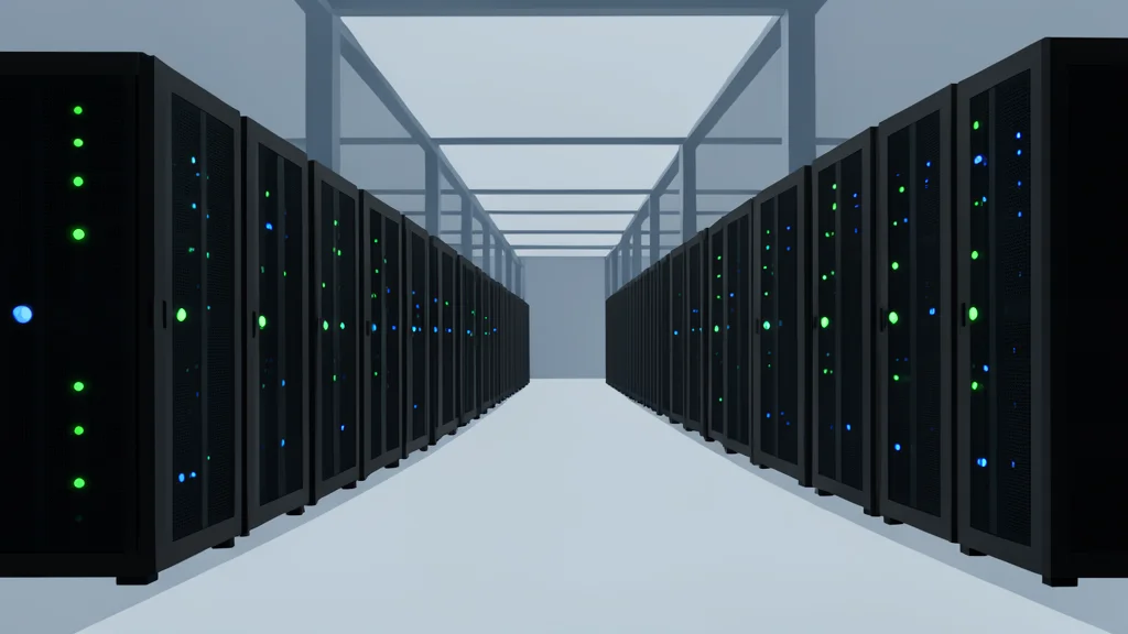 A flat vector illustration of a modern server farm with rows of black cabinets and blinking status lights.