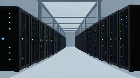 A flat vector illustration of a modern server farm with rows of black cabinets and blinking status lights.