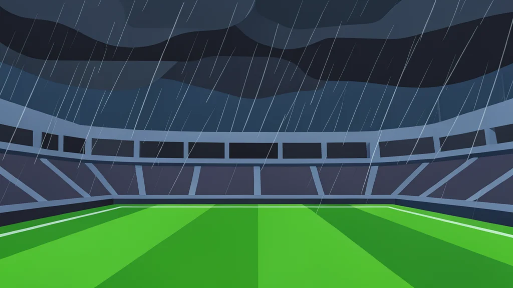 A large outdoor stadium with a green grass field under a dark, stormy sky with rain falling