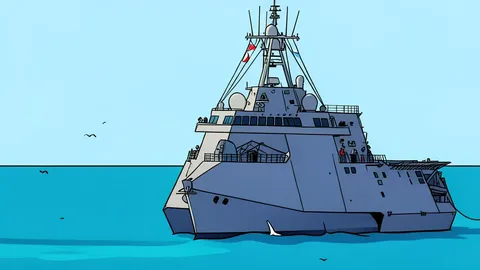 A grey naval warship hull cutting through deep blue ocean water near a tropical coastline