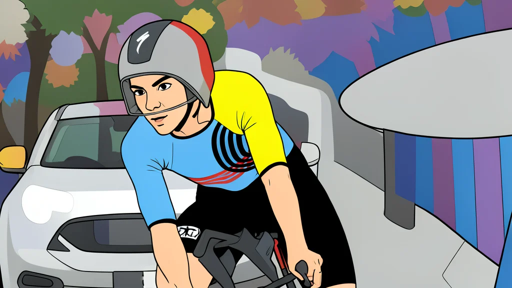 A cyclist in a rainbow-striped jersey riding a road bike on a paved mountain road