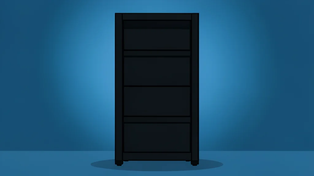 A sleek, matte black server rack standing in a dimly lit room with soft blue ambient lighting