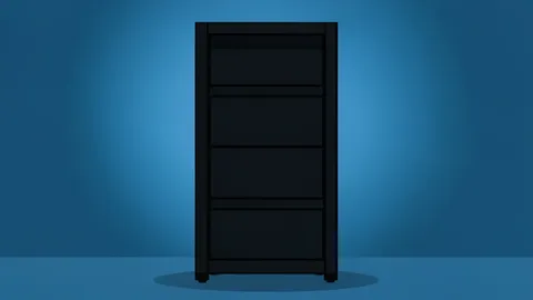 A sleek, matte black server rack standing in a dimly lit room with soft blue ambient lighting