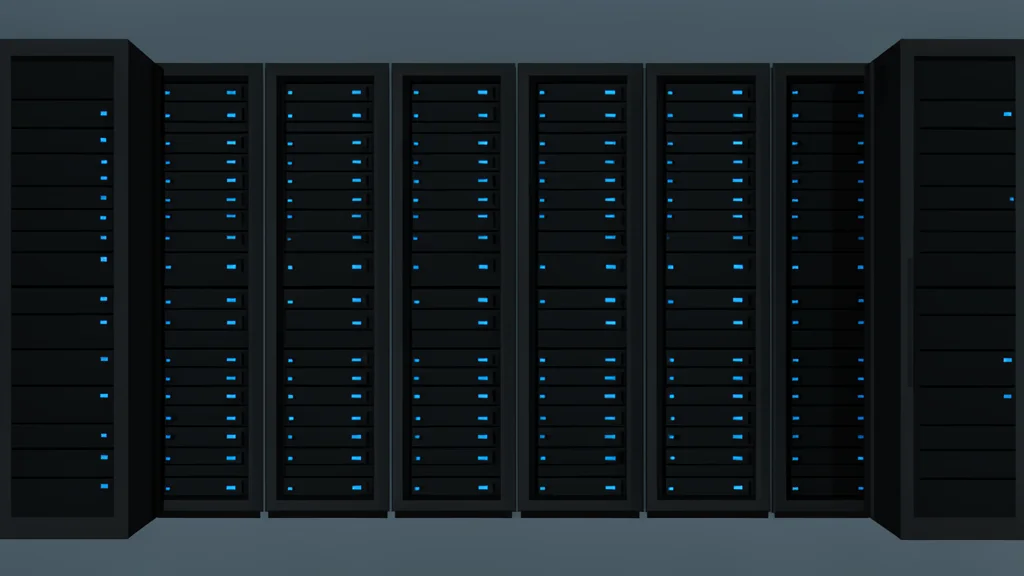 A dense array of black server racks with glowing blue status lights in a dark room