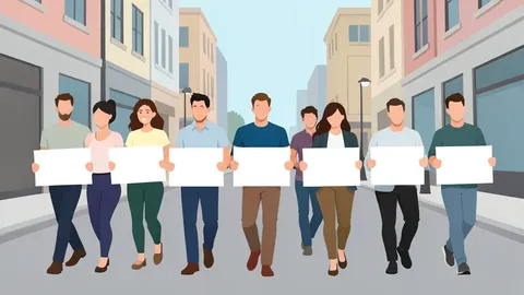 A flat vector illustration of a diverse crowd walking on a city street holding blank white rectangular placards.