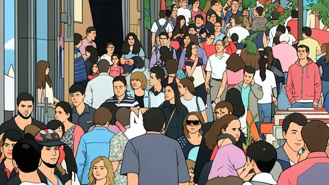A flat-vector illustration of a crowded city street with pedestrians walking past modern high-rise buildings.