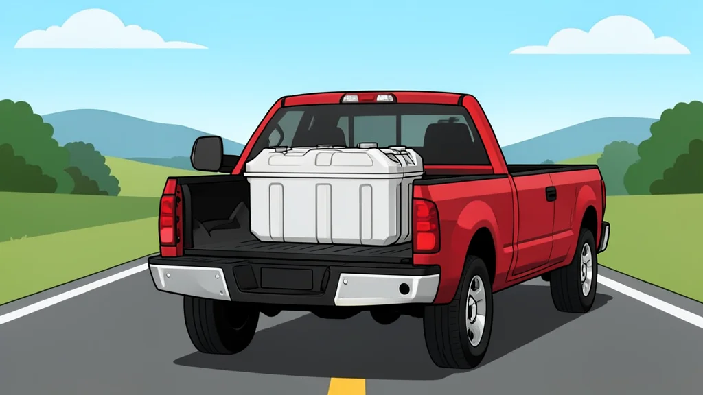 A flat-vector illustration of a portable plastic water tank sitting in the bed of a pickup truck on a rural highway