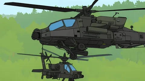 A heavy attack helicopter with twin rotors and stub wings parked on a concrete tarmac.