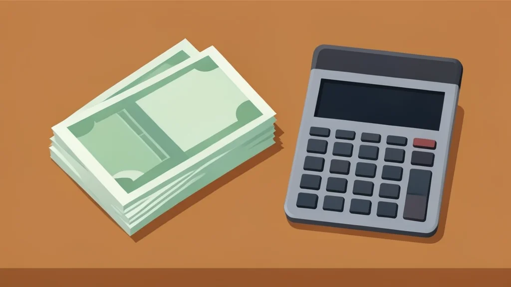 A stack of paper currency and a calculator on a wooden desk