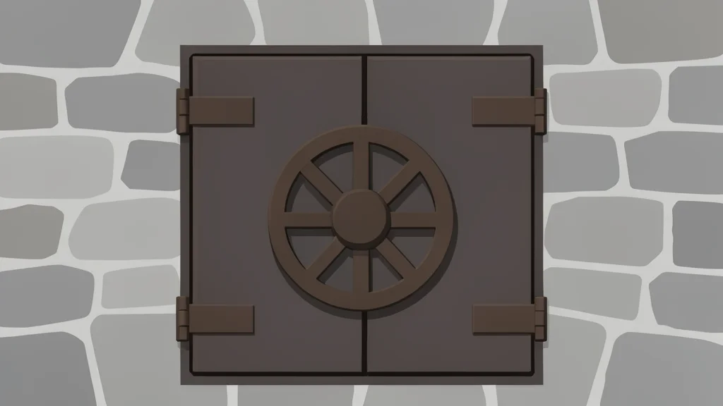 A heavy iron vault door set into a rough stone wall