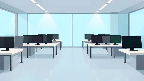 A modern glass trading floor with rows of empty desks and computer monitors.
