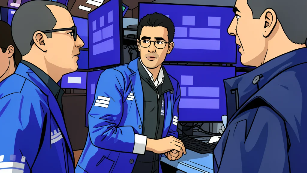 A flat vector illustration of a glass trading floor with rows of computer monitors displaying abstract scrolling data streams.