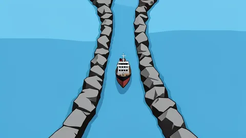 A narrow, rocky strait connecting two large bodies of water with a single ship navigating through the channel