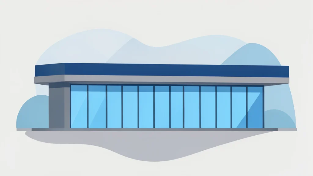 A modern commercial retail building with a flat roof and large glass windows