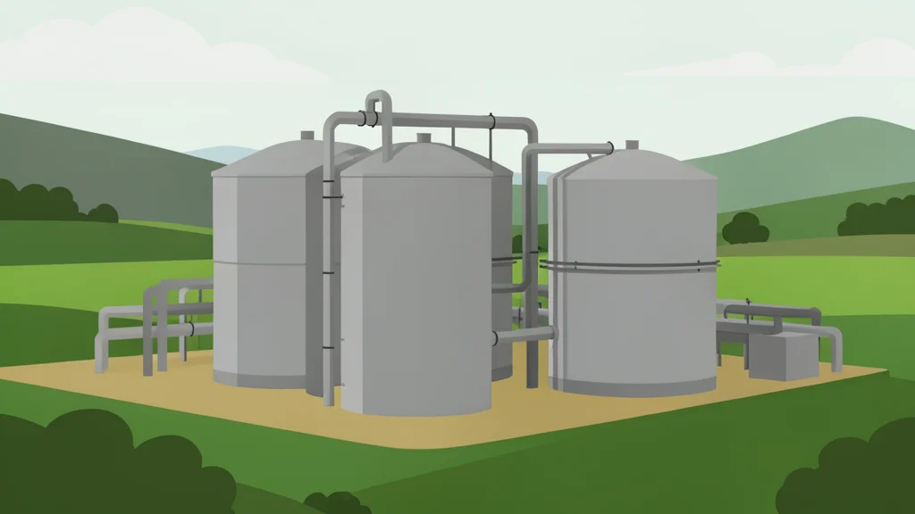 A flat vector illustration of industrial gas storage tanks and pipelines situated in a rural landscape.