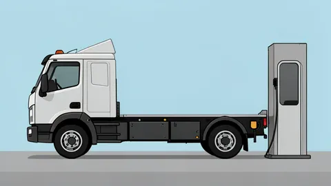 A heavy-duty electric truck parked on a paved surface next to a large vertical charging station