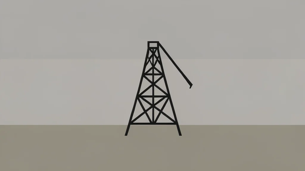An oil derrick standing in a flat landscape under a hazy sky
