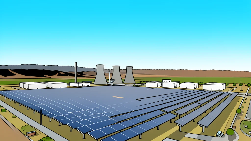 A large solar panel array and a row of white battery storage containers under a clear blue sky