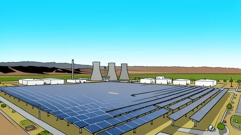 A large solar panel array and a row of white battery storage containers under a clear blue sky