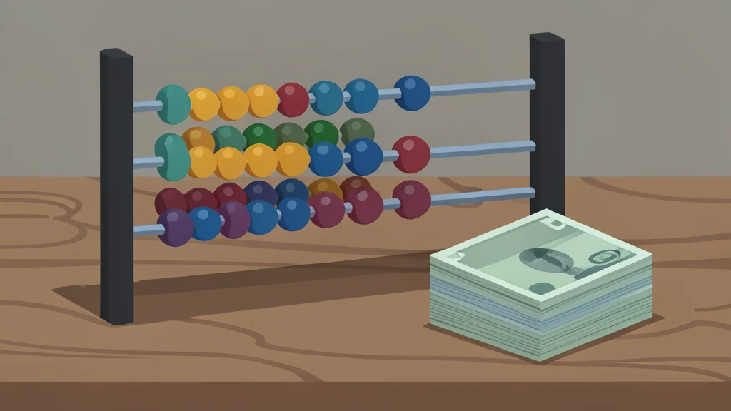 A mechanical abacus and a stack of paper currency on a wooden desk
