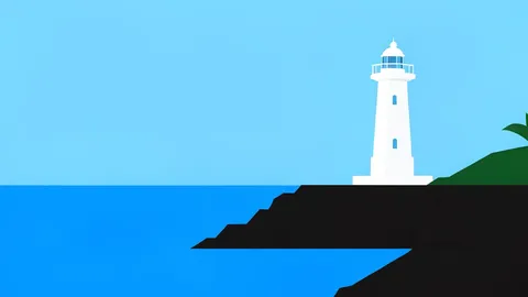 A calm tropical coastline with a lighthouse standing on a rocky outcrop