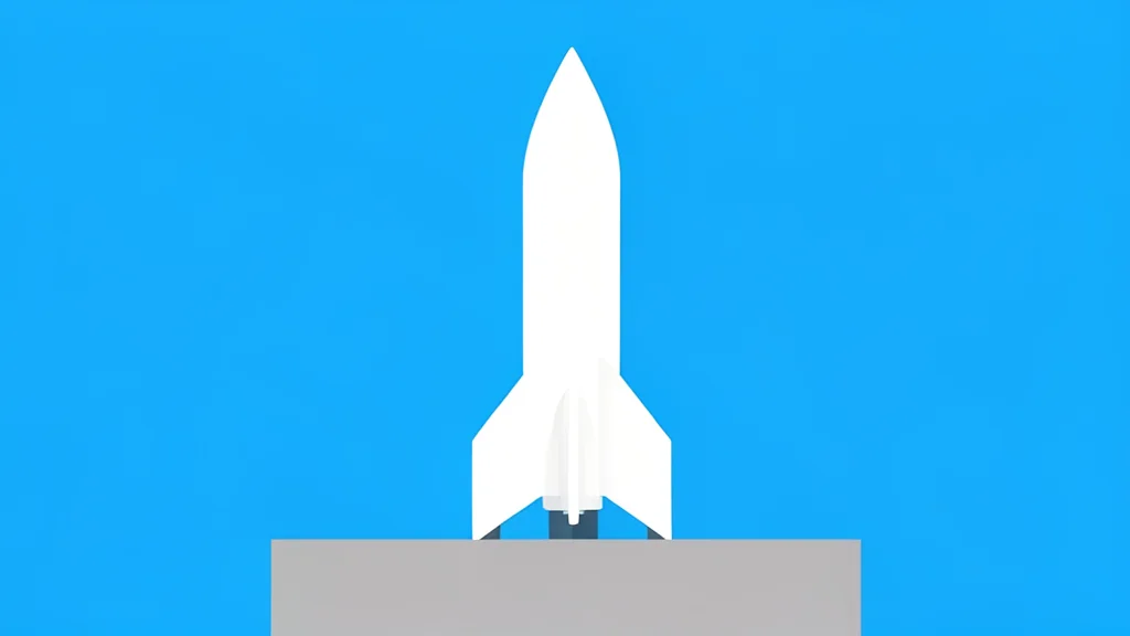 A sleek, white rocket standing vertically on a concrete launch pad against a clear blue sky
