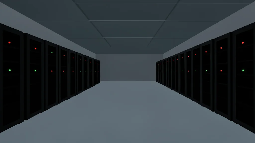 A dimly lit server room with rows of black rectangular units and blinking indicator lights.