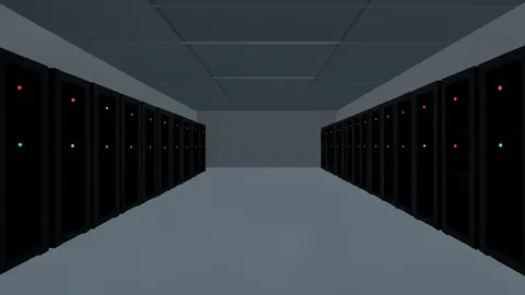 A dimly lit server room with rows of black rectangular units and blinking indicator lights.