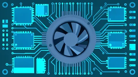 A dense circuit board with glowing memory chips and a cooling fan
