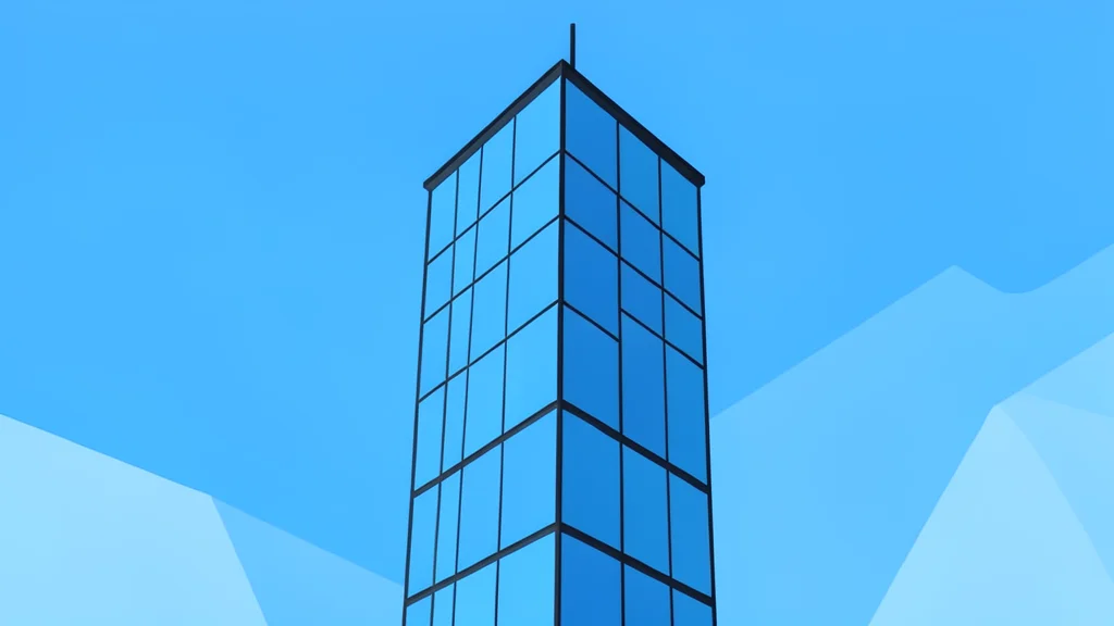 A modern glass skyscraper reflecting a clear blue sky