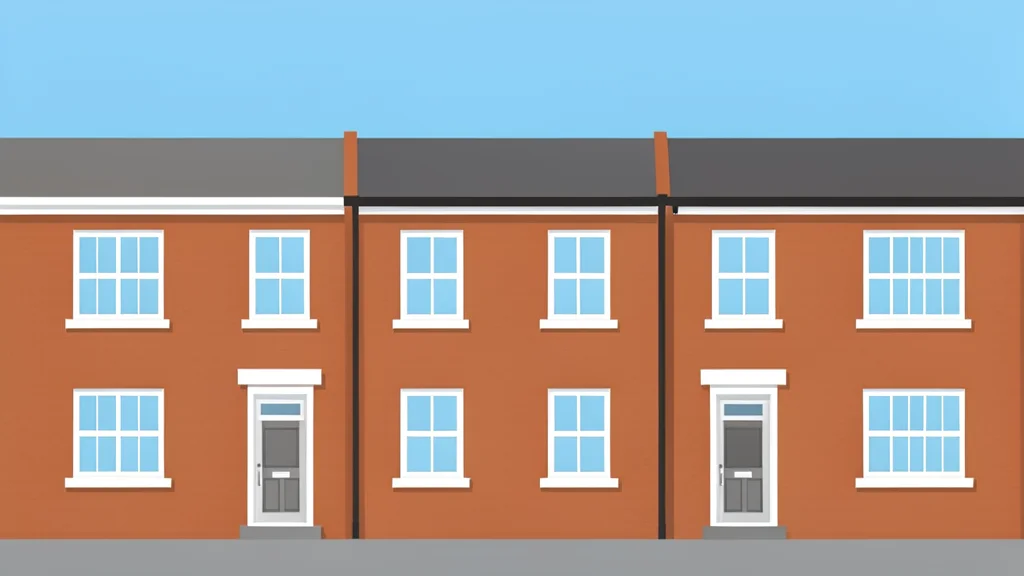 A row of traditional brick townhouses with white window frames and front doors under a clear sky.