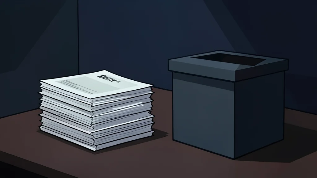 A stack of paper ballots and a ballot box in a dimly lit room