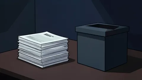 A stack of paper ballots and a ballot box in a dimly lit room