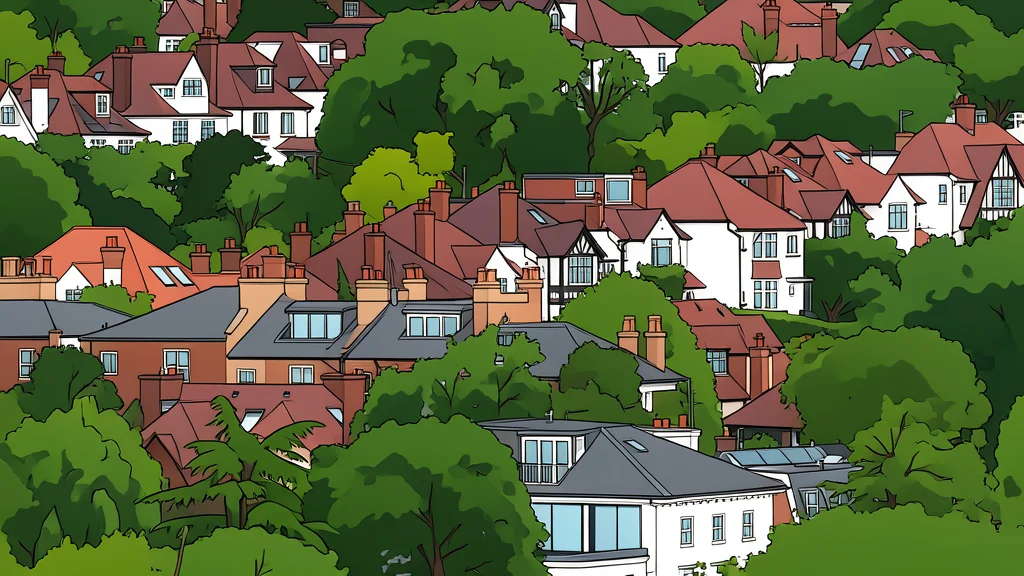 A detached suburban house with a front garden and a real estate sign in the lawn