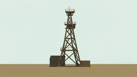 A flat vector illustration of a large industrial oil derrick standing in a flat landscape.