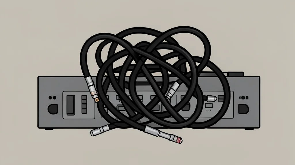 A tangled bundle of black audio cables connected to a mixing console