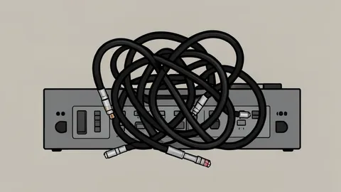 A tangled bundle of black audio cables connected to a mixing console