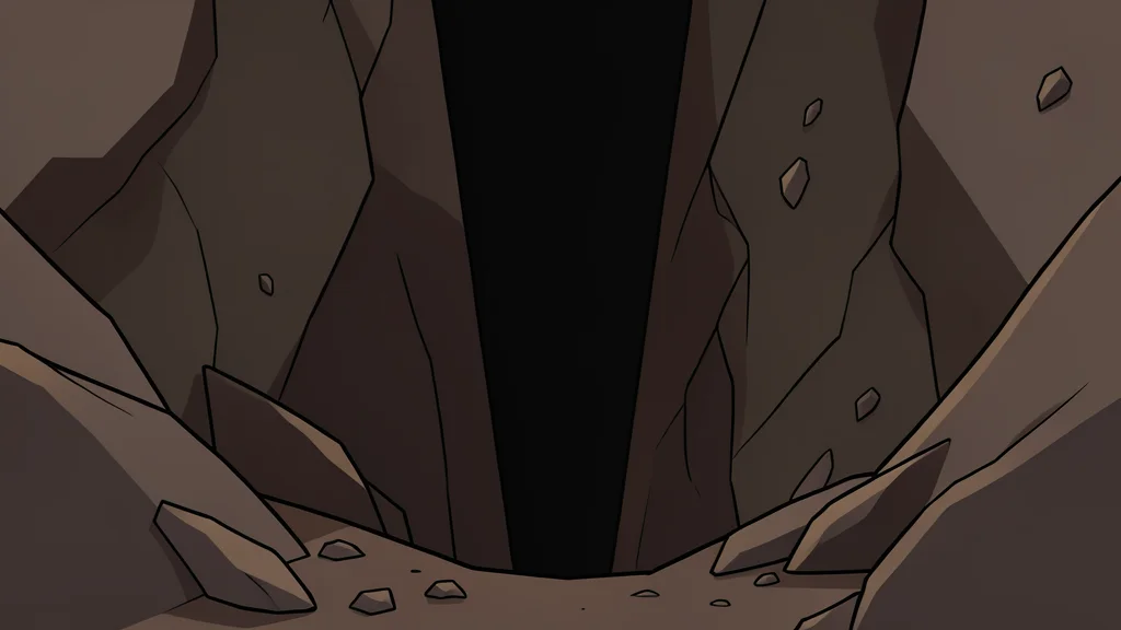 A dark, narrow vertical shaft descending into the earth, surrounded by rough rock walls and scattered debris