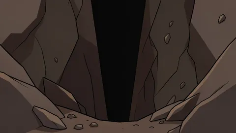 A dark, narrow vertical shaft descending into the earth, surrounded by rough rock walls and scattered debris