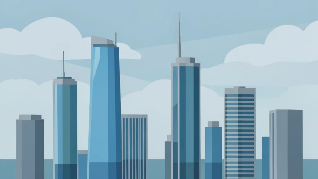 A modern financial district skyline with glass skyscrapers reflecting a cloudy sky