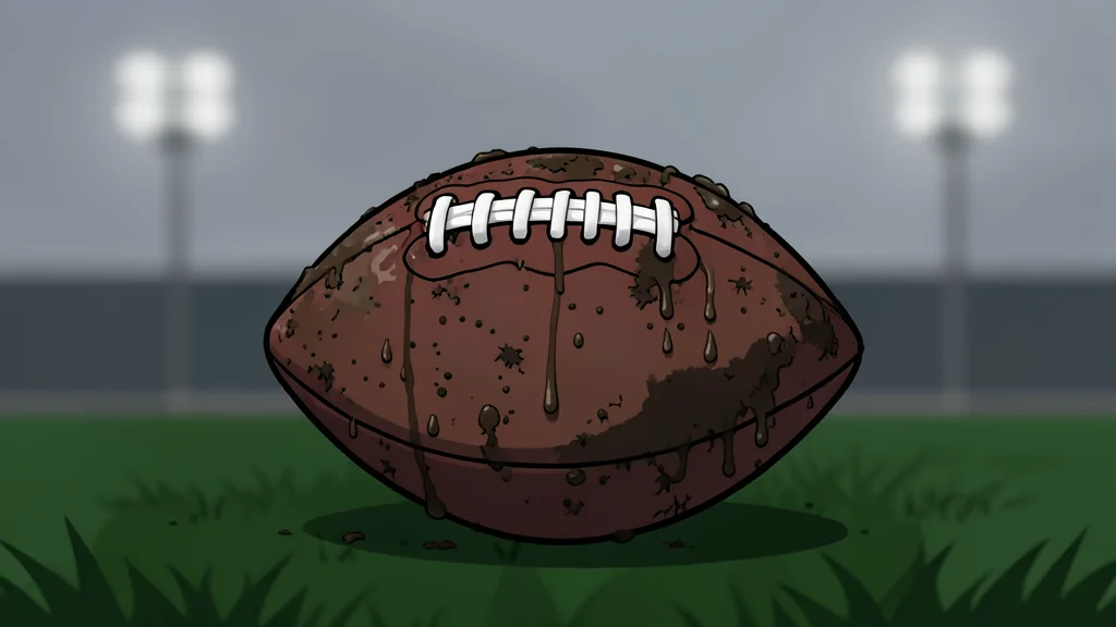 A muddy American football field with white yard lines under a grey, overcast sky