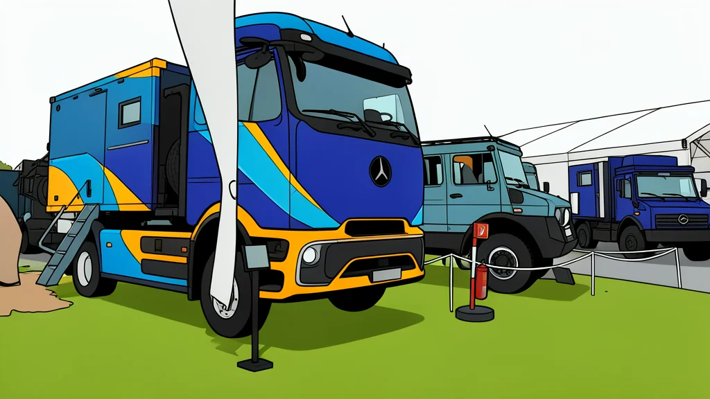 A large electric truck with a living module attached to the back, parked on a dirt road near a charging station.