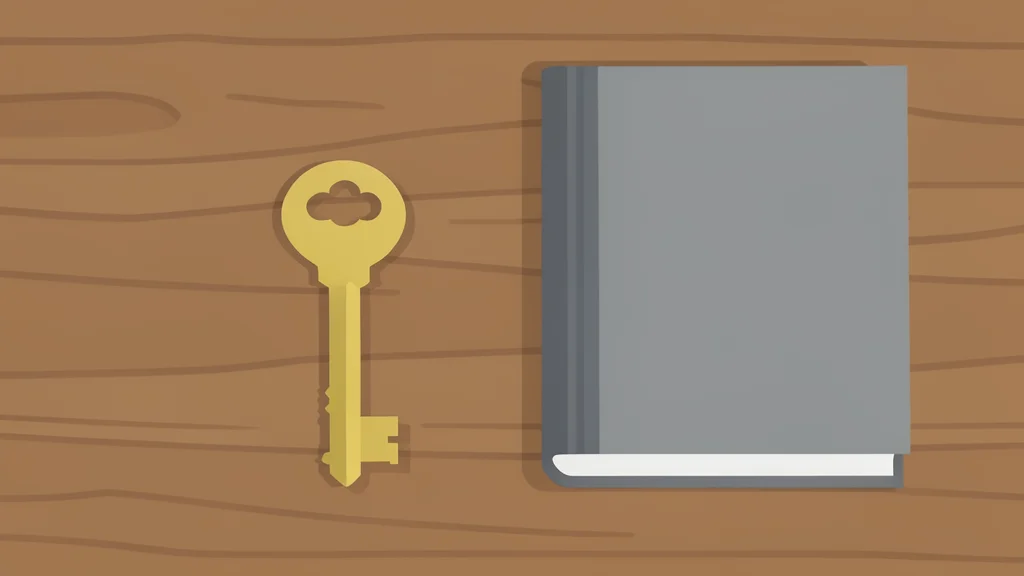 A single house key resting on a wooden table next to a closed book